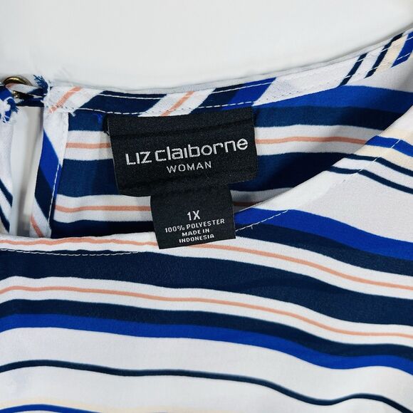 Liz Clairborne Women Plus Size 1X Blue Striped Blouse Ruffle Sleeve Top - Picture 3 of 6